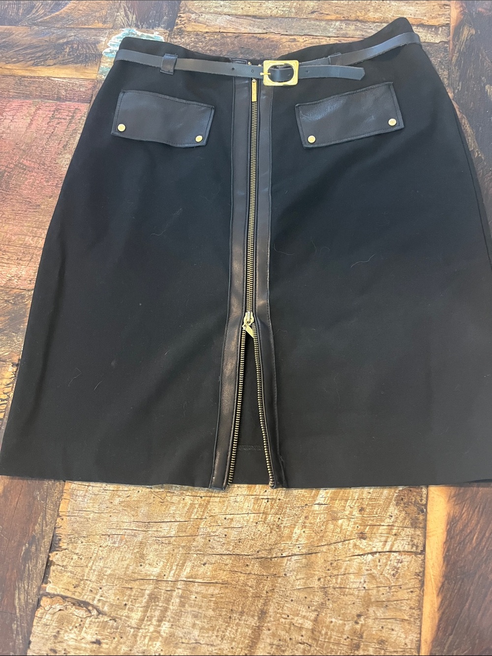 Classic Black Front-Zip Pencil Skirt with Gold Hardware